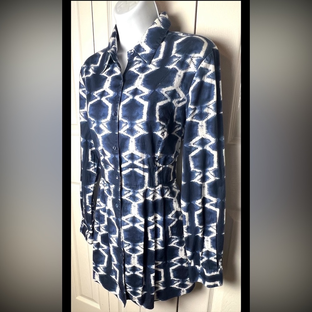 LAFAYETTE 148 Blouse Tunic Ikat Navy Blue White Button Down Long Sleeve - Picture 6 of 11